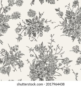Floral seamless pattern with bouquets of flowers. Vector botanical illustration. Blooming Japanese kerria, hawthorn, cherry. 