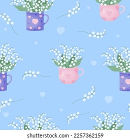 Patrón floral sin foco. Flores de buquetas Mayo lirios del valle en taza sobre fondo azul. Ilustración vectorial. Patrón de primavera con flores forestales para diseño, embalaje, papel pintado y decoración