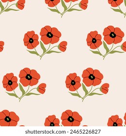 Floral seamless pattern with bouquets of poppies. Vector flat background of red flowers in retro style