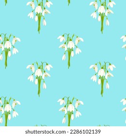 Floral seamless pattern with bouquets of snowdrops on blue background. Flat vector