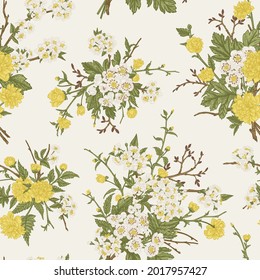 Floral seamless pattern with bouquets of yellow and white flowers. Vector botanical illustration. Blooming Japanese kerria, hawthorn, cherry.