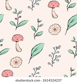 Floral seamless pattern. Branch with green leaves hand drawn. Floral seamless background. Hand drawn botanical illustration