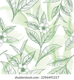 Floral seamless pattern. Branch with leaves ornamental texture. Flourish nature summer garden watercolor textured background