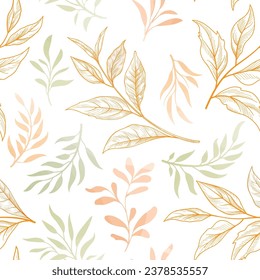 Floral seamless pattern. Branch with leaves gentle autumnal texture. Flourish nature summer garden sketch drawing leaves background