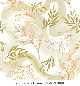 Floral seamless pattern. Branch with leaves gentle autumnal texture. Flourish nature summer garden sketch drawing leaves background