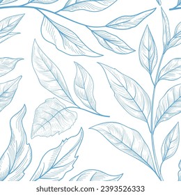 Floral seamless pattern. Branch with leaves white winter texture. Flourish nature summer garden textured leaves. Drawn line art sketch background