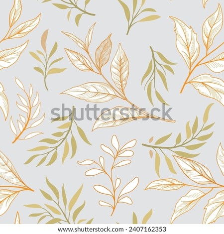 Floral seamless pattern. Branch with leaves gentle autumnal texture. Flourish nature summer garden sketch drawing leaves background