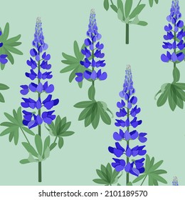 Floral seamless pattern. Branch lupine on a mint color background. Vector illustration. For decoration textile, packaging, wallpaper.