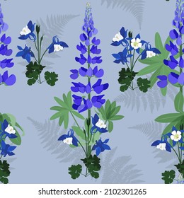 Floral seamless pattern. Branch lupine and aquilegia on a gray background. Vector illustration. For decoration textile, packaging, wallpaper.