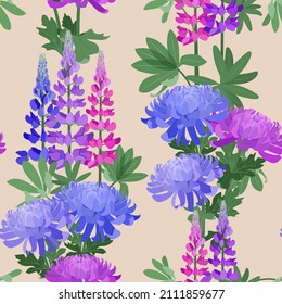 Floral seamless pattern. Branch lupine and chrysanthemums on a beige background. Vector illustration. For decoration textile, packaging, wallpaper.