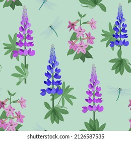 Floral seamless pattern. Branch lupine, campanula and dragonflies on a mint color background. Vector illustration. For decoration textile, packaging, wallpaper.