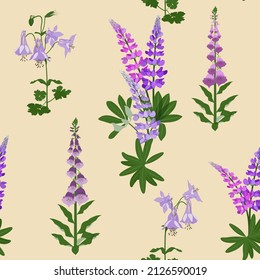 Floral seamless pattern. Branch lupine, digitalis and aquilegia on a beige background. Vector illustration. For decoration textile, packaging, wallpaper.