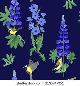 Floral seamless pattern. Branch lupine, chicory and birds on a dark blue background. Vector illustration. For decoration textile, packaging, wallpaper.