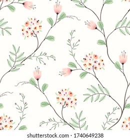 Floral seamless pattern of branches abstract tree with flowers and leaves. Vector nature illustration on ivory background.