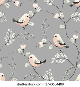 Floral seamless pattern of branches abstract tree with birds, flowers and leaves. Vector nature illustration on grey background.