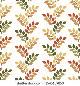 Floral seamless pattern with branches and colorful leaves on white background. Floral design for fabric, wallpaper, textile, web design.