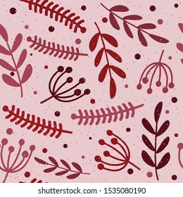 Floral seamless pattern. Branches of different plants. Burgundy shades. Spray, dots of different sizes. Calm floral background