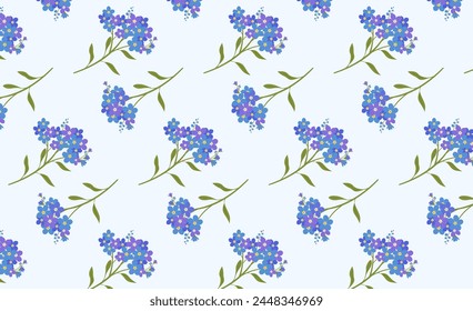 Floral seamless pattern with branches of forget me nots in a flat style. Summer ornament for fabric, textile, gift wrapping, bed linen, background, wallpaper