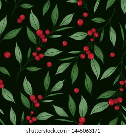 Floral seamless pattern with branches, leaves, berries on black background. Vector illustration. Isolated on white. Design for fabrics, wallpapers, textiles, web design.