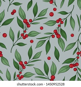 Floral seamless pattern with branches, leaves, berries on grey background. Vector illustration. Design for fabrics, wallpapers, textiles, web design.