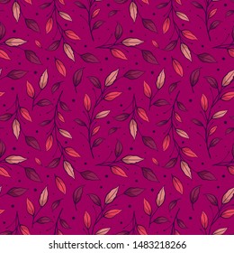 Floral seamless pattern with branches and leaves on purple background. Design for fabric, wallpaper, textile, web design.