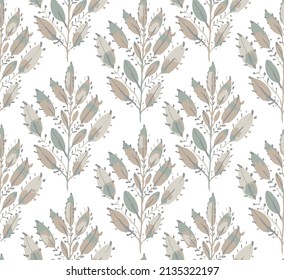 Floral seamless pattern with branches and leaves. Grey, green and beige leaves on white background.