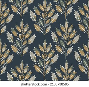 Blumennahtloses Muster mit Ästen und Blättern. Gelbe, grüne und beige Blätter auf schwarzem Hintergrund.