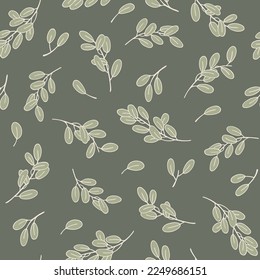 Floral seamless pattern. Branches and leaves on green background. Can be used for textile, wallpapers, gift wrap. Isolated vector.