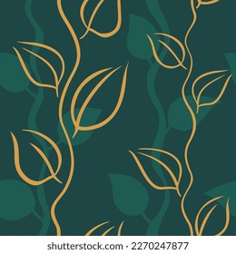 Floral seamless pattern with branches and leaves. Modern background in forest green and golden color