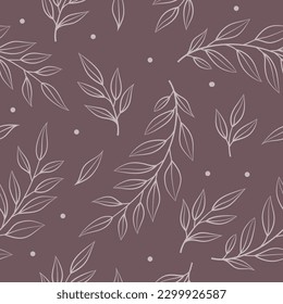 Patrón floral sin fisuras. Ramas y hojas sobre fondo morado. Resumen de diseño floral para tela, papel pintado y textil