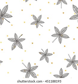 Floral seamless pattern with branches and leaves and gold magic stars.Thin line background. Vector illustration