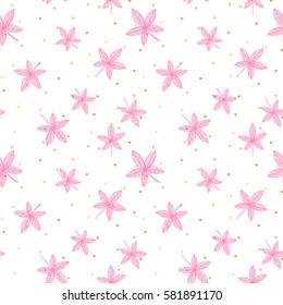 Floral seamless pattern with branches and leaves and gold magic stars.Thin line background. Vector illustration