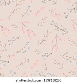 Floral seamless pattern. Branches on pastel pink background. Vector illustration