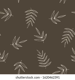 Floral seamless pattern with branches on brown background. Ornament with tropic leaves. Vector illustration for fabric, textile, wallpaper, posters, paper. Fashion print. Doodle style. 