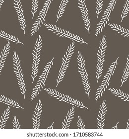 Floral seamless pattern with branches on brown background. Ornament with tropic leaves. Vector illustration for fabric, textile, wallpaper, posters, paper. Fashion print. Doodle style. 