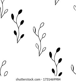 Floral seamless pattern with branches on white background. Ornament with tropic leaves, sprigs. Vector illustration for fabric, textile, wallpaper, posters, paper. Fashion print. Doodle style. 