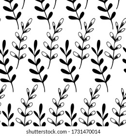 Floral seamless pattern with branches on white background. Ornament with tropic leaves, sprigs. Vector illustration for fabric, textile, wallpaper, posters, paper. Fashion print. Doodle style. 
