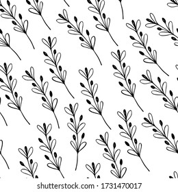 Nahtloses Muster mit Zweigen auf weißem Hintergrund. Ornament mit tropischen Blättern, Sprigs. Vector Illustration für Gewebe, Textilien, Tapeten, Poster, Papier. Modedruck. Doodle-Stil. 