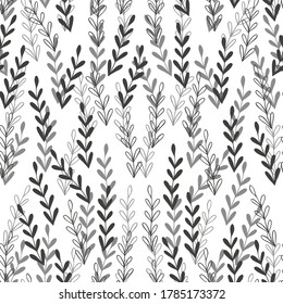 Patrón floral sin fisuras con ramas sobre fondo blanco. Ornamento con hojas tropicales, brotes. Ilustración vectorial para tela, textil, papel pintado, carteles, papel. Impresión de moda. Estilo Doodle.