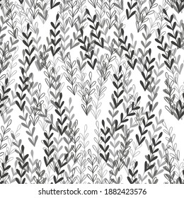 Floral seamless pattern with branches on white background. Ornament with tropic leaves, sprigs. Vector illustration for fabric, textile, wallpaper, posters, paper. Fashion print. Doodle style.