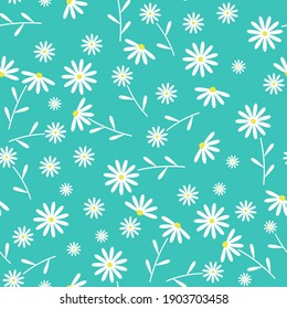Patrón floral sin fisuras. Ramas de una camomila blanca o margarita. Patrón interminable en un fondo verde. Para textiles, diseño y decoración. Ilustración vectorial, estilo plano.