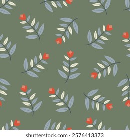 Floral seamless pattern branchlets. Allover print foliage surface design of abstract branches of leaves on sage green color background. 