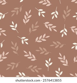 Floral seamless pattern branchlets. Allover print foliage monochromatic surface design of abstract branches of leaves on coffee mocha brown color background. 