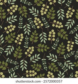 Floral seamless pattern of branchlets and berries. Allover print foliage surface design on black color background. 