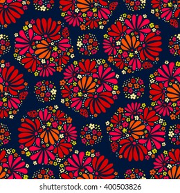 Floral seamless pattern. Bright cheerful bouquets and wreaths of flowers on a dark background, vector hand drawn background.