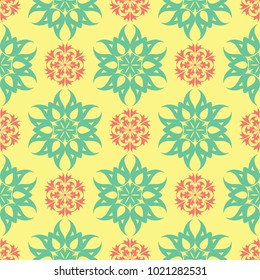 Floral seamless pattern. Bright colored background with pink and green flower elements for wallpapers, textile and fabrics