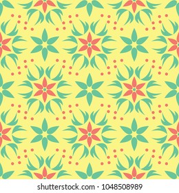 Floral seamless pattern. Bright colored background with pink and green flower elements for wallpapers, textile and fabrics