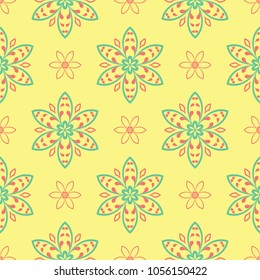 Floral seamless pattern. Bright colored background with pink and green flower elements for wallpapers, textile and fabrics