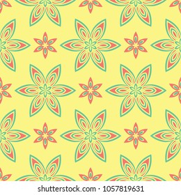 Floral seamless pattern. Bright colored background with pink and green flower elements for wallpapers, textile and fabrics