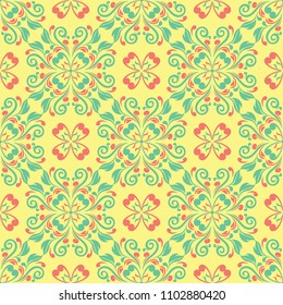 Floral seamless pattern. Bright colored background with pink and green flower elements for wallpapers, textile and fabrics